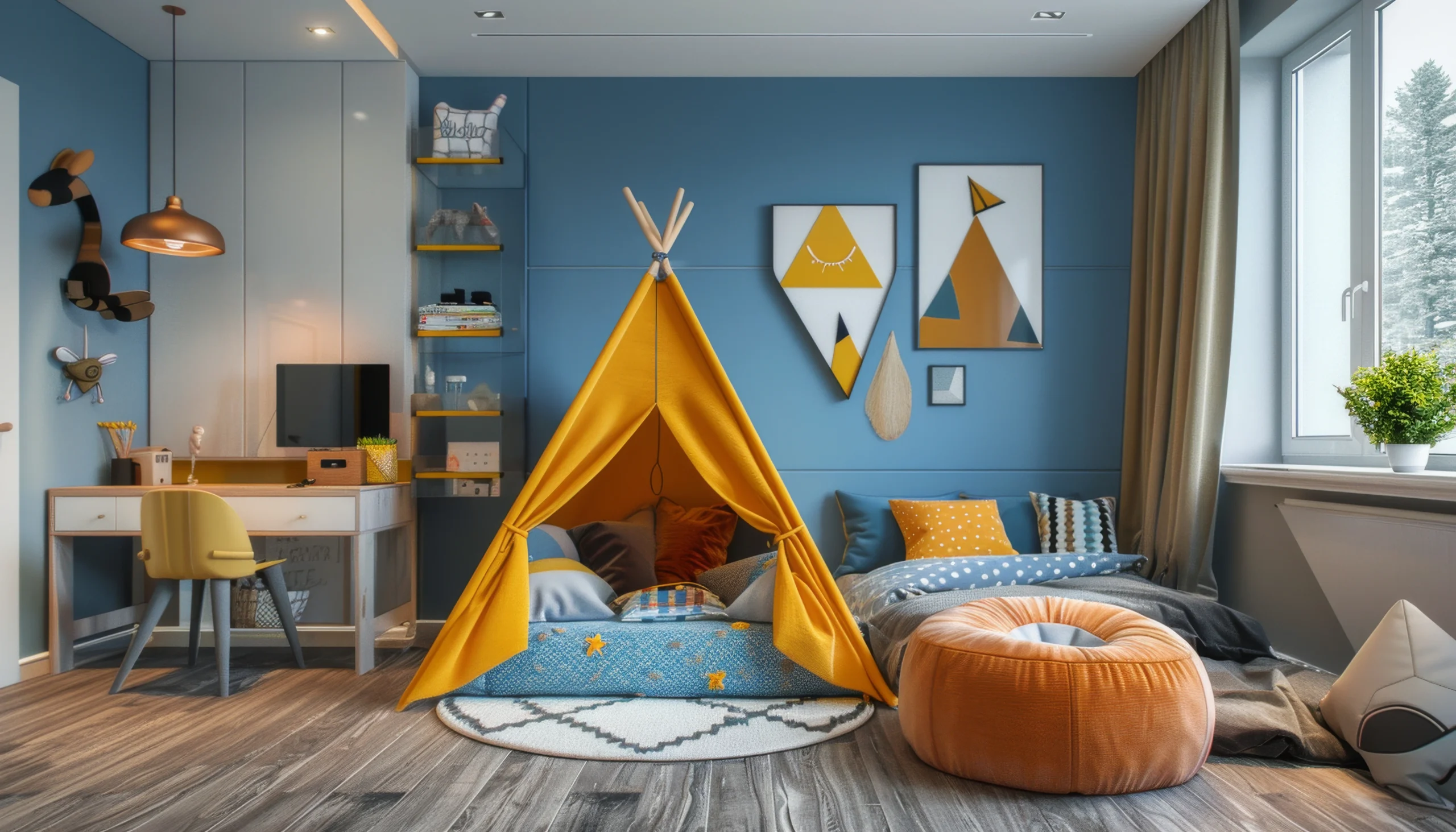 blue-yellow-kids-bedroom-with-teepee-bed