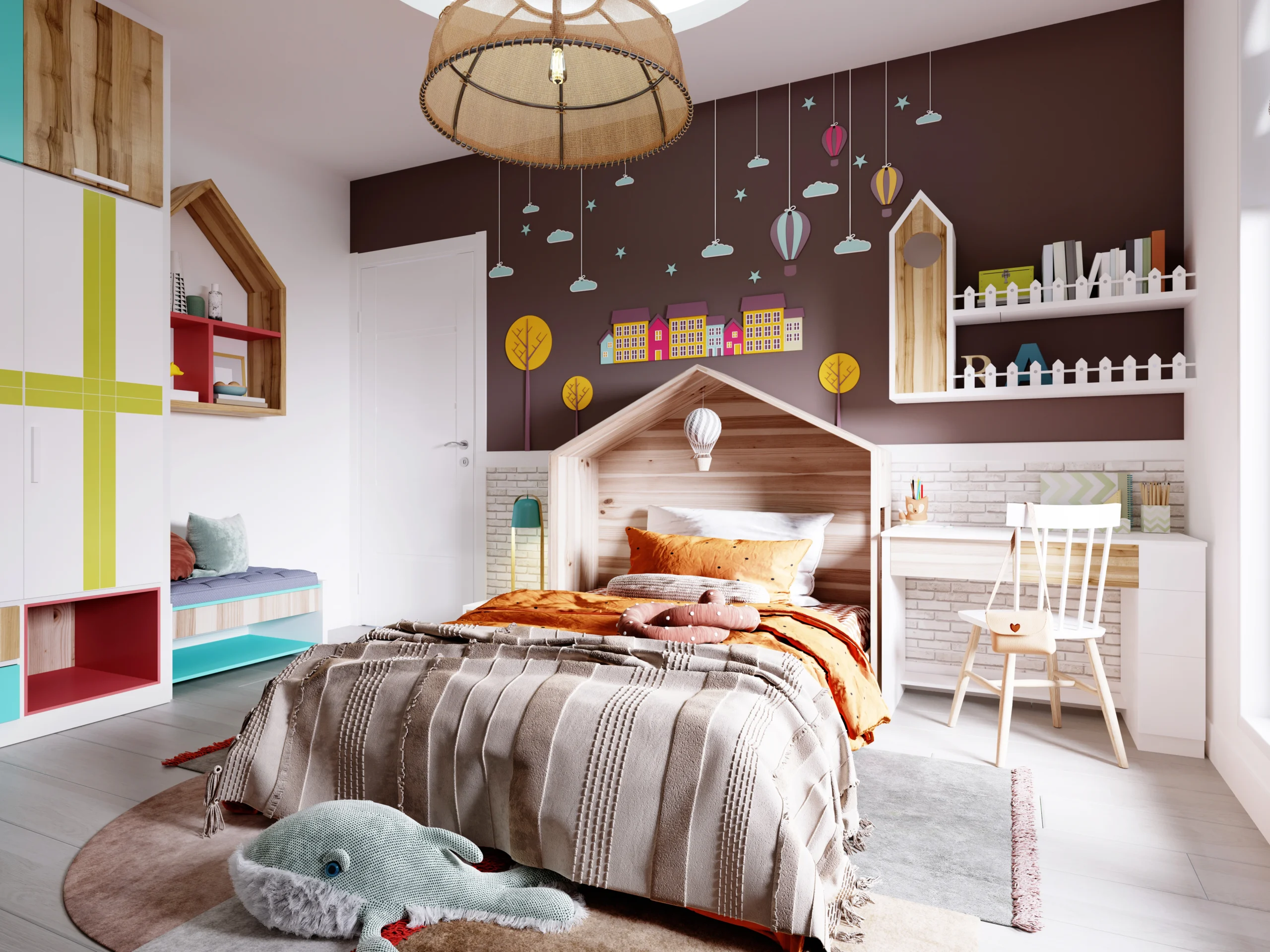 modern-nursery-with-white-brown-wall-bed-with-orange-blanket-headboard-house